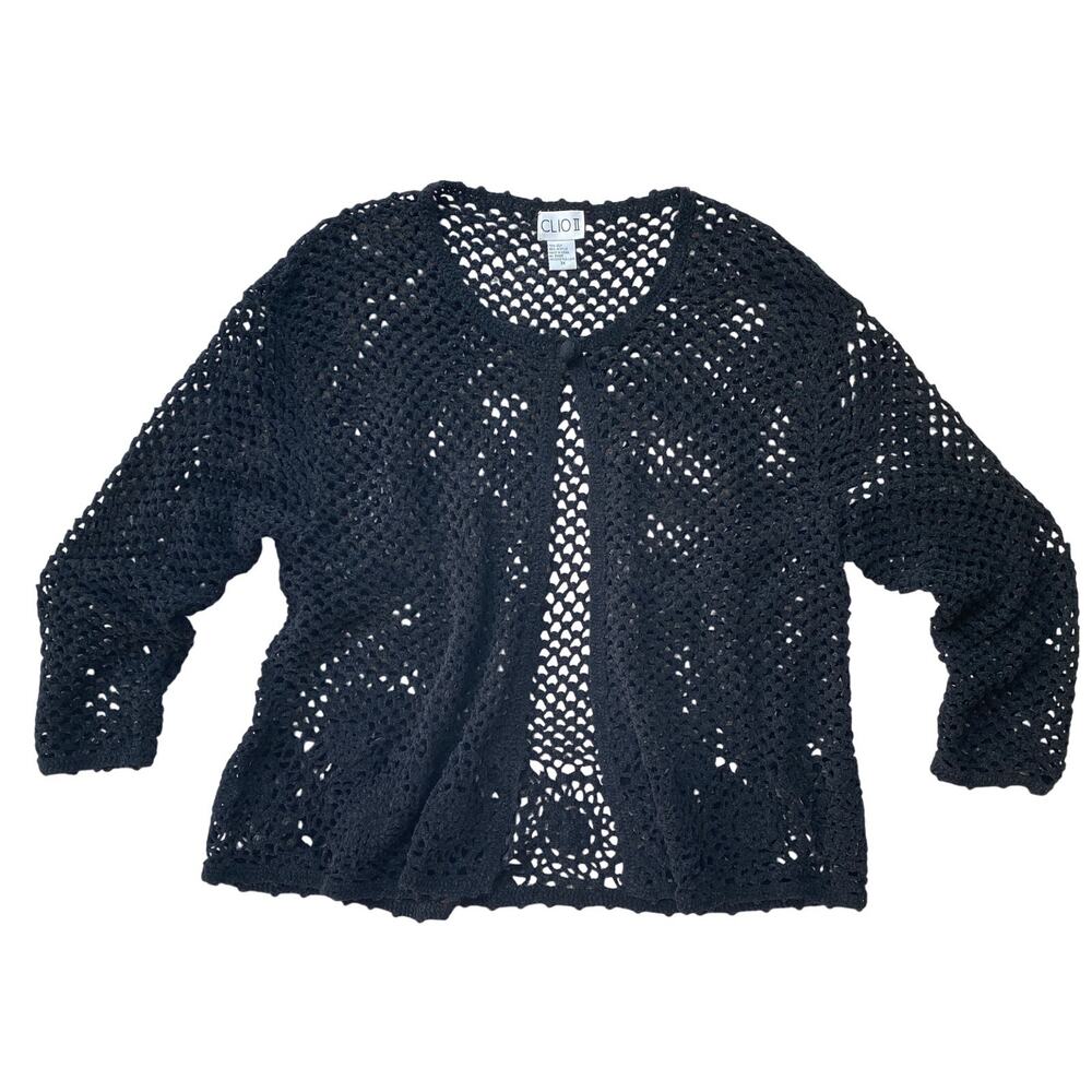 Vintage Crochet Black Silk Half Sleeve Open Knit Sheer Cardigan Sweater Size 3XL